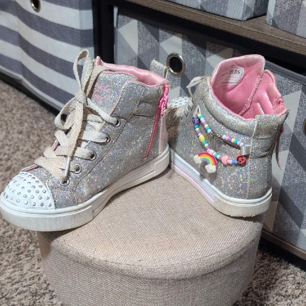 Sparkly Silver and Pink Kids High-Top Sneakers